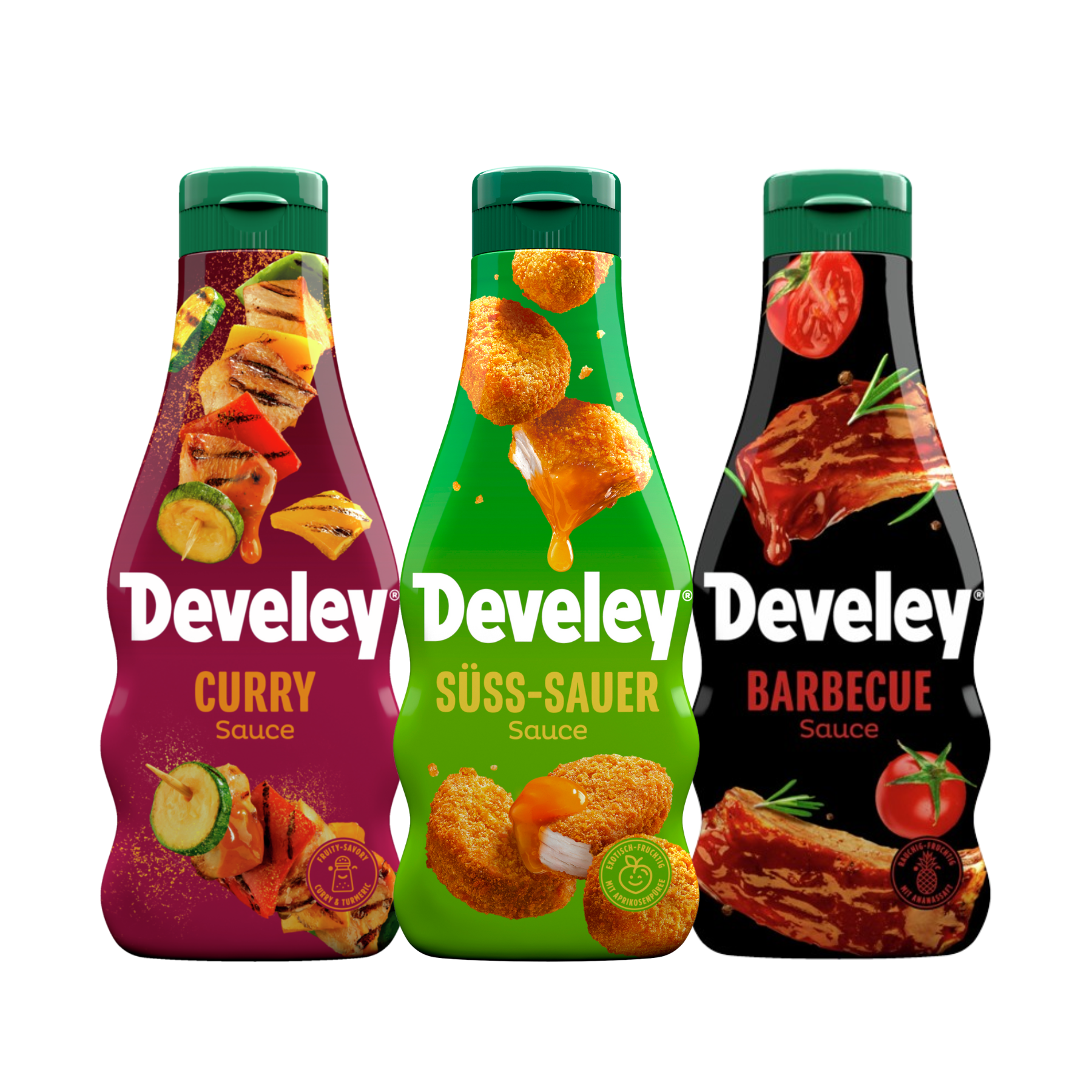 Develey Dreier Saucenset, Bundle: Süßsauer, Curry und BBQ-Sauce in der 250 ml Squeeze-Flasche