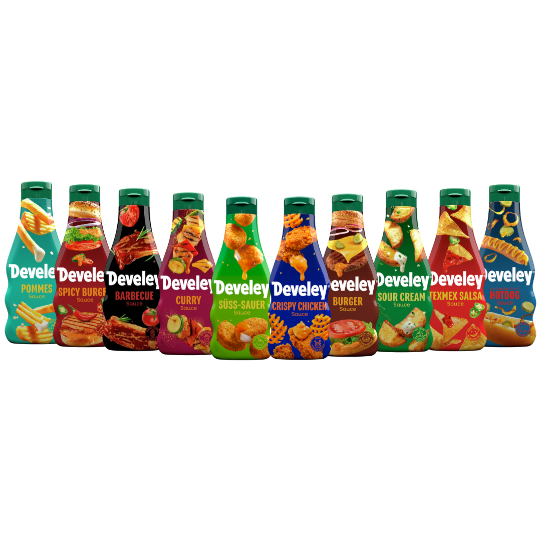 Develey Pommes Sauce, Spicy Burger Sauce, BBQ Sauce, Curry Sauce, Süßsauer Sauce, Crispy Chicken Sauce, Burger Sauce, Sour Cream Sauce, Texmex Salsa Sauce, Hotdog Sauce - 10x 250ml