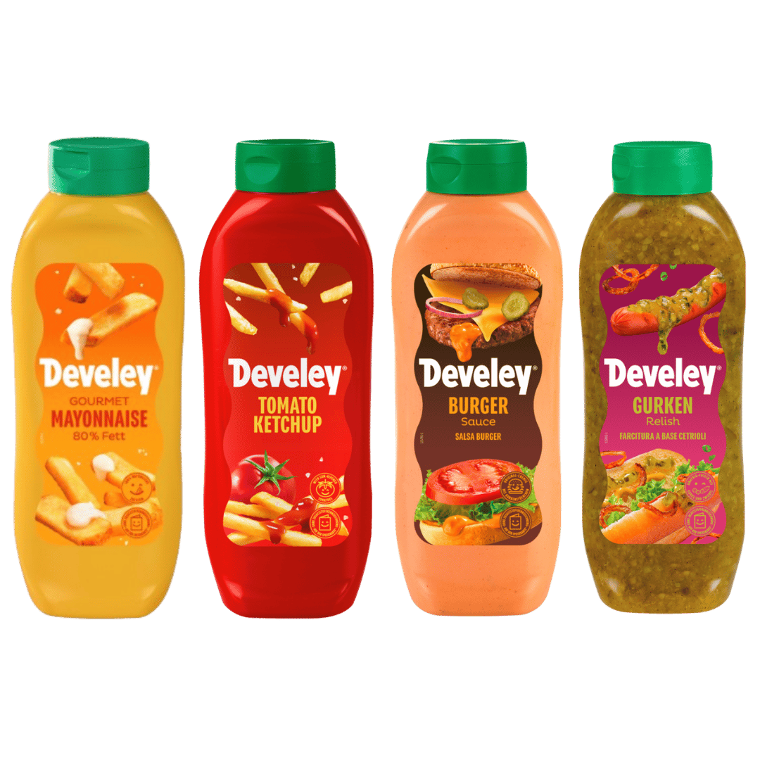 Develey Tomaten Ketchup, Gourmet Mayonnaise, Gurken Relish, Burger Sauce - 4x 875ml