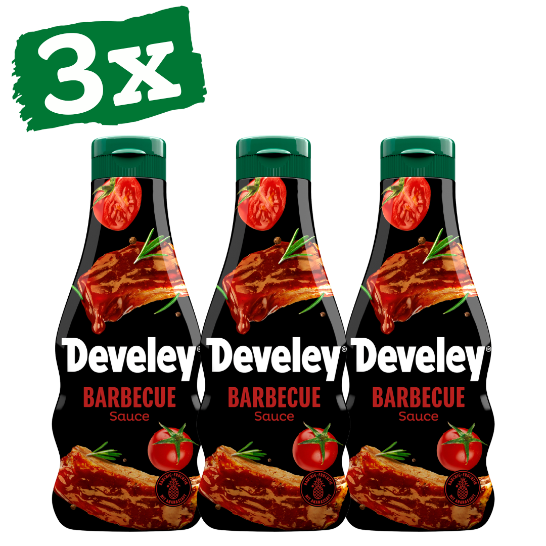 Die BBQ Sauce von Develey ist rauchig, würzig und passt perfekt zu Burger, Steak und Geflügel, in der 250 ml Squeeze-Flasche im 3er Set, Grillsauce, vegan, vegetarisch