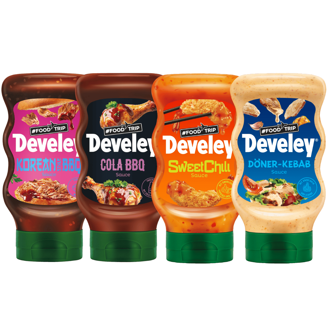 Develey Kebab Sauce, Korean Style BBQ Sauce, Sweet Chili Sauce, Cola BBQ Sauce - 4x 300ml