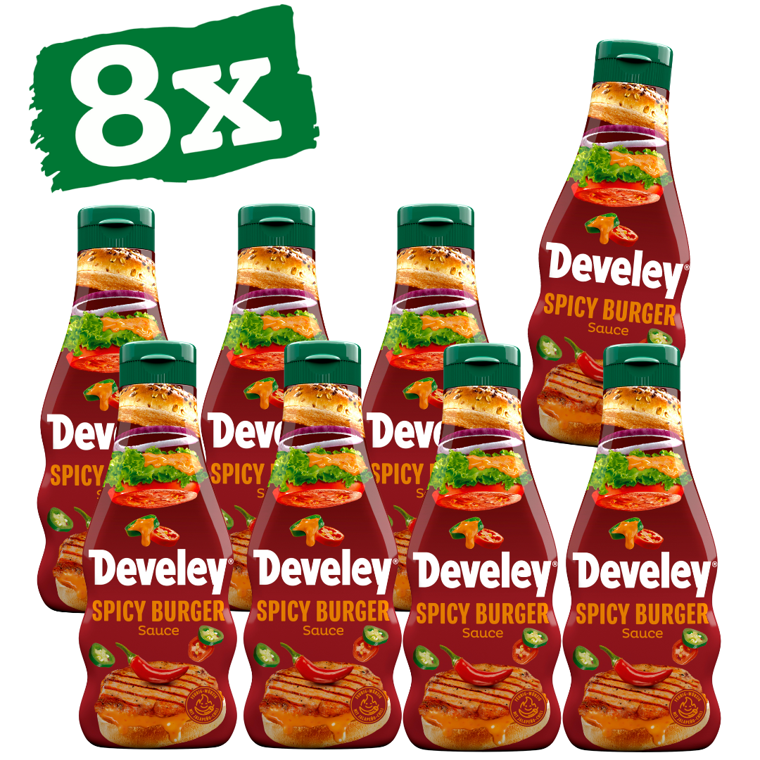 Die Spicy Burger Sauce von Develey ist scharf würzig und passt perfekt zu Burger, Grillgemüse und Steak, Squeeze, 250ml im 8er Pack, Grillsauce, vegetarisch