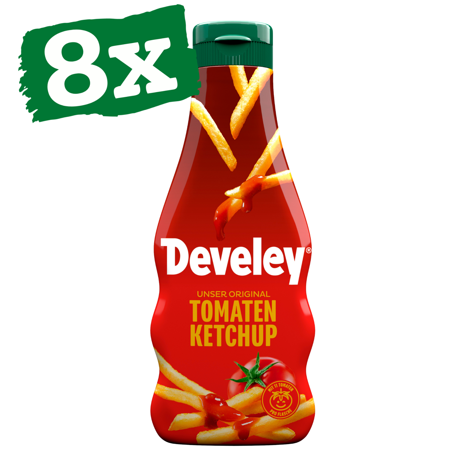 Die Unser Original Ketchup von Develey in der 500 ml Squeeze-Flasche im 8er Multipack