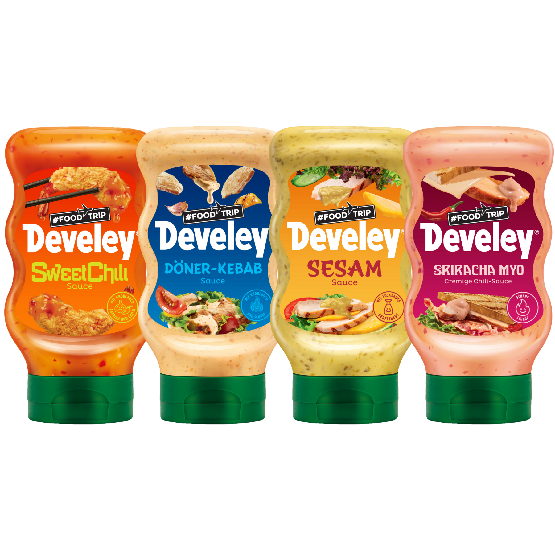 Develey Kebab Sauce, Sesam Sauce, Sriracha Mayo, Sweet Chili Sauce - 4x 300ml