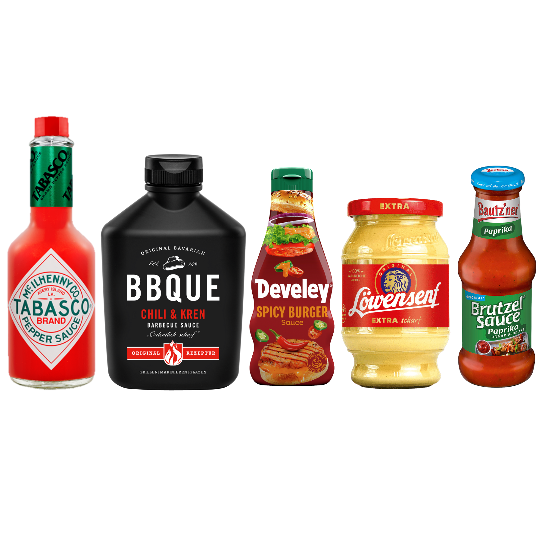 TABASCO® Scorpion Sauce (148ml), BBQUE Chilli & Kren (400ml), Develey Spicy Burger Sauce (250ml), Löwensenf Extra (250 ml), Gratis Bautzner Brutzel Sauce Paprika (250ml)