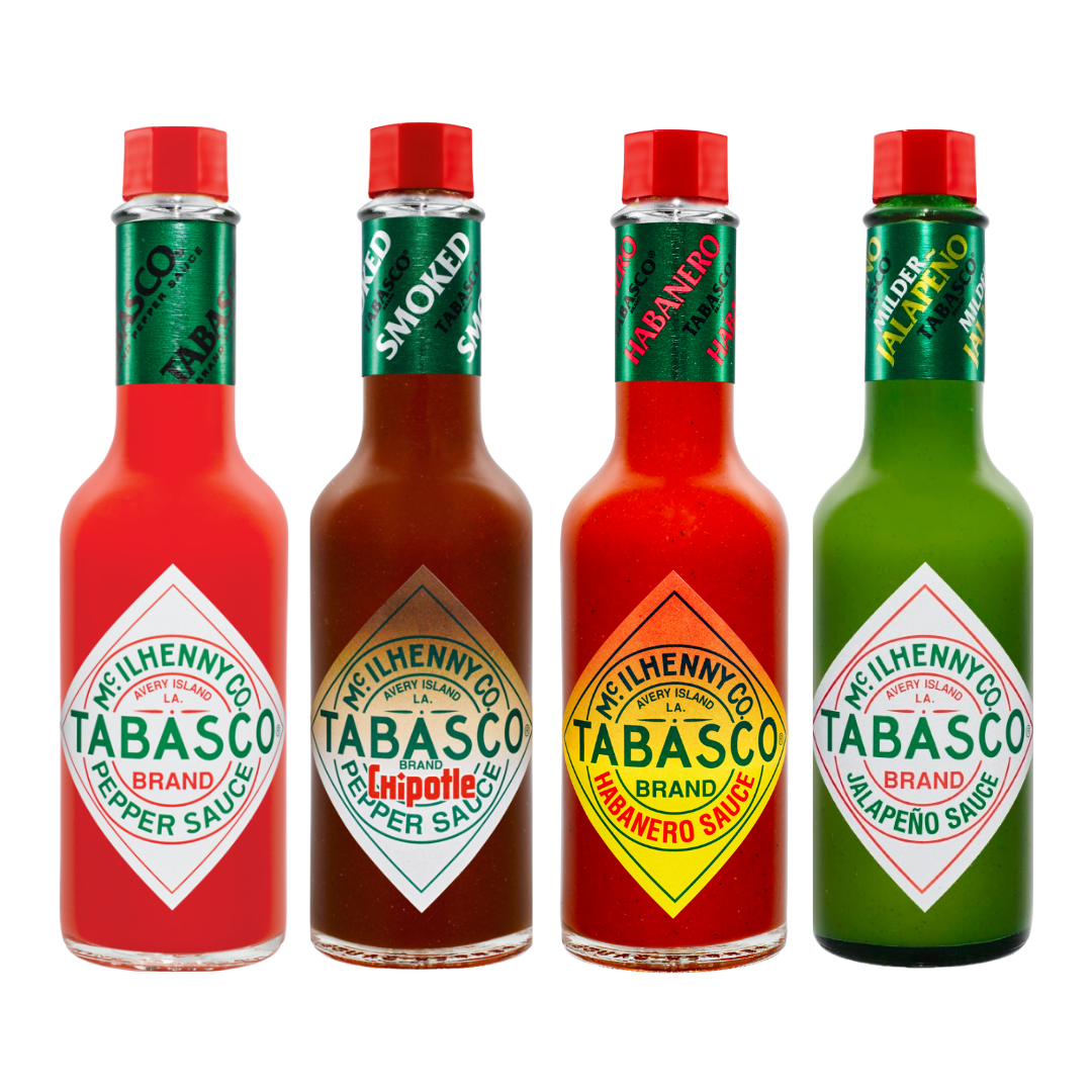 TABASCO® Original Red Sauce, TABASCO® Jalapeño Sauce, TABASCO® Habanero Sauce, TABASCO® Chipotle Sauce - 3x 150ml & 1x 148ml