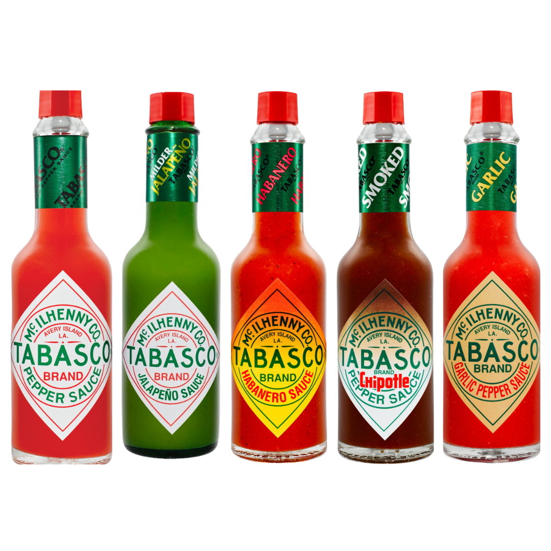 TABASCO® Original Red Sauce, TABASCO® Jalapeño Sauce, TABASCO® Chipotle Sauce, TABASCO® Habanero Sauce, TABASCO® Cayenne Garlic Sauce- 5x 60ml