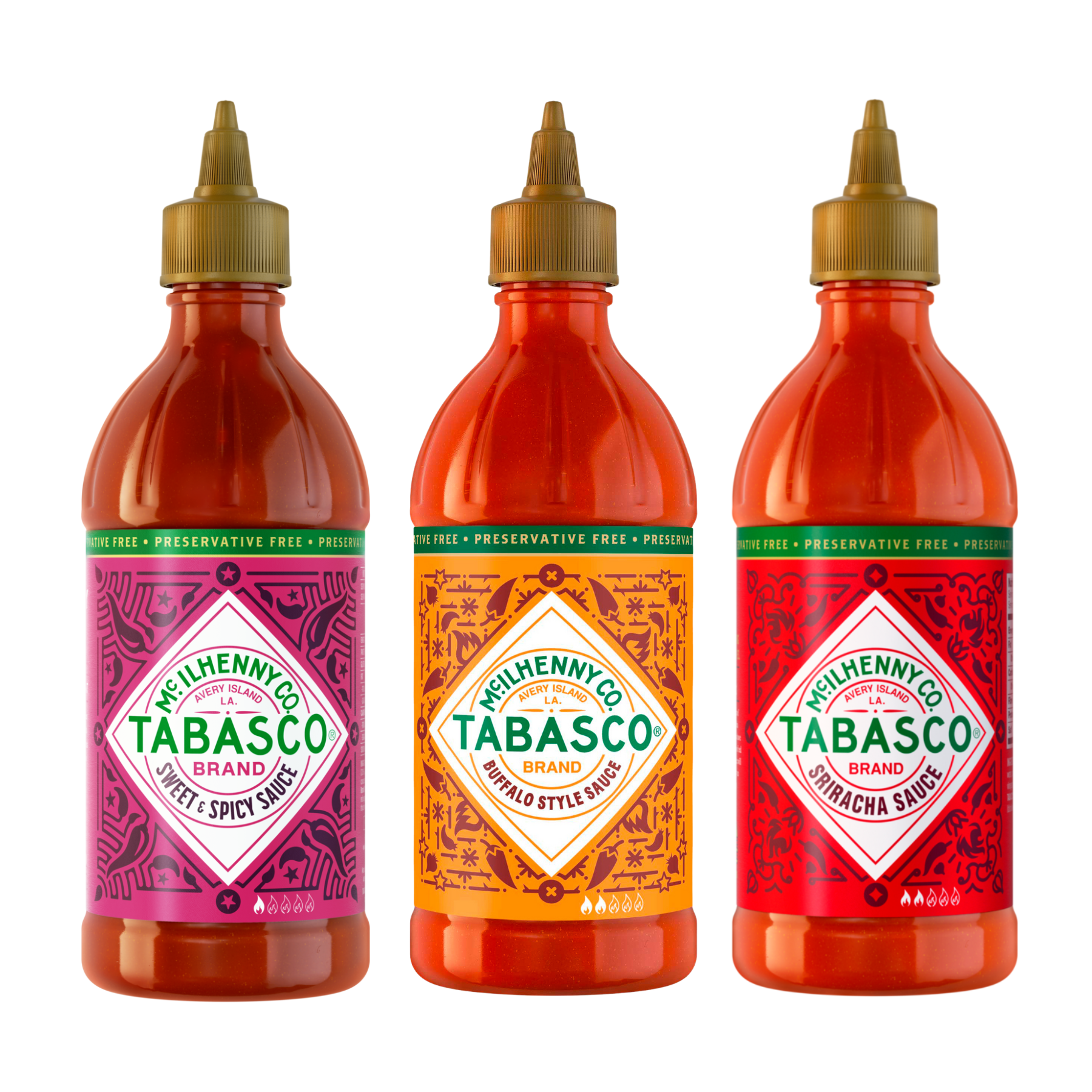 TABASCO® Sriracha Sauce, TABASCO® Buffalo Sauce, TABASCO® Sweet & Spicy Sauce - 3x 256 ml