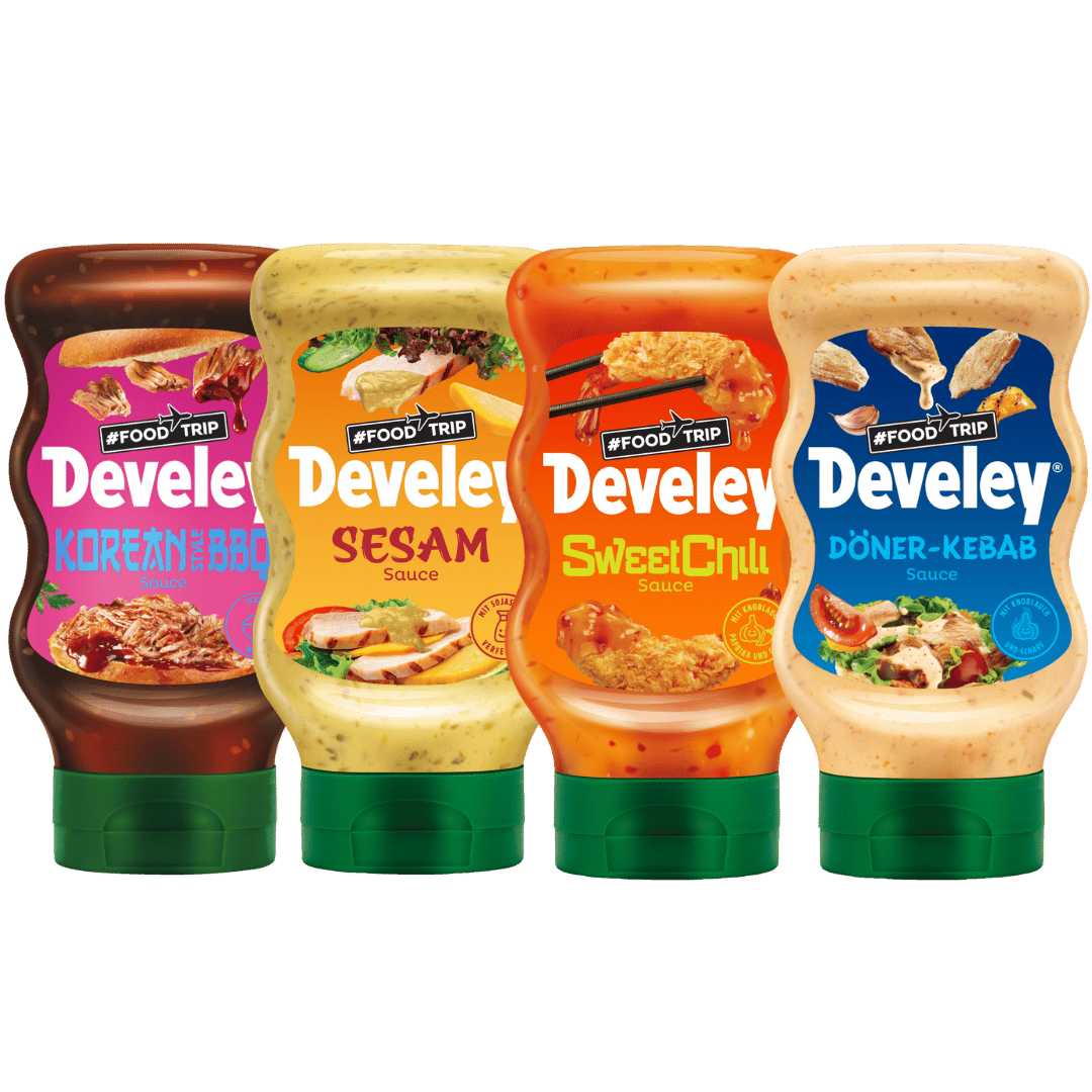 Develey Kebab Sauce, Sesam Sauce, Korean Style BBQ Sauce, Sweet Chili Sauce - 4x 300ml
