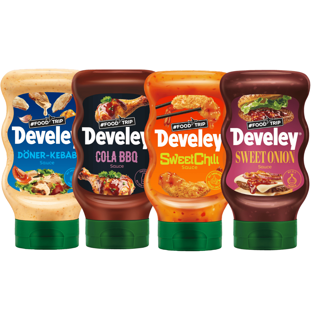 Develey Kebab Sauce, Sweet Onion Sauce, Sweet Chili Sauce, Cola BBQ Sauce - 4x 300ml