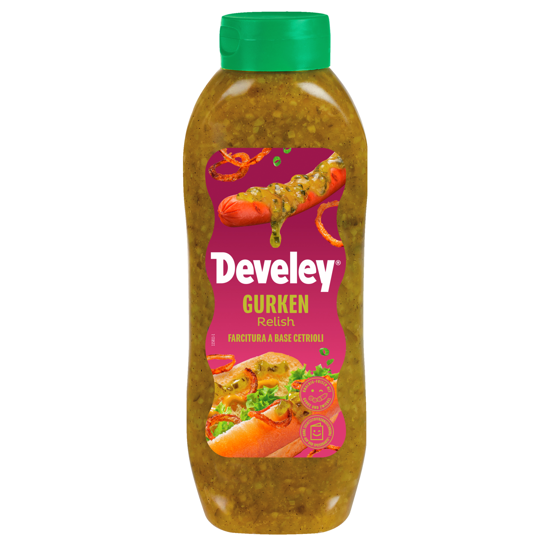 Develey Gurken Relish Kopfstandflasche in der 875 ml Flasche