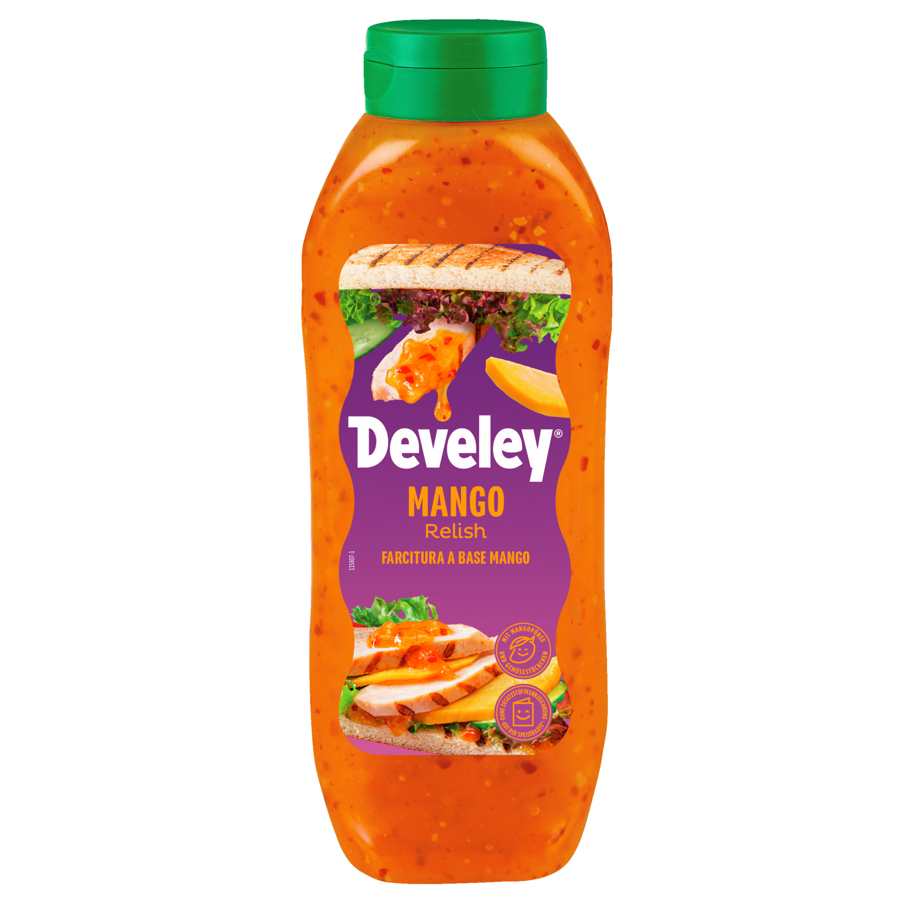 Develey Mango Relish Kopfstandflasche in der 875 ml Flasche