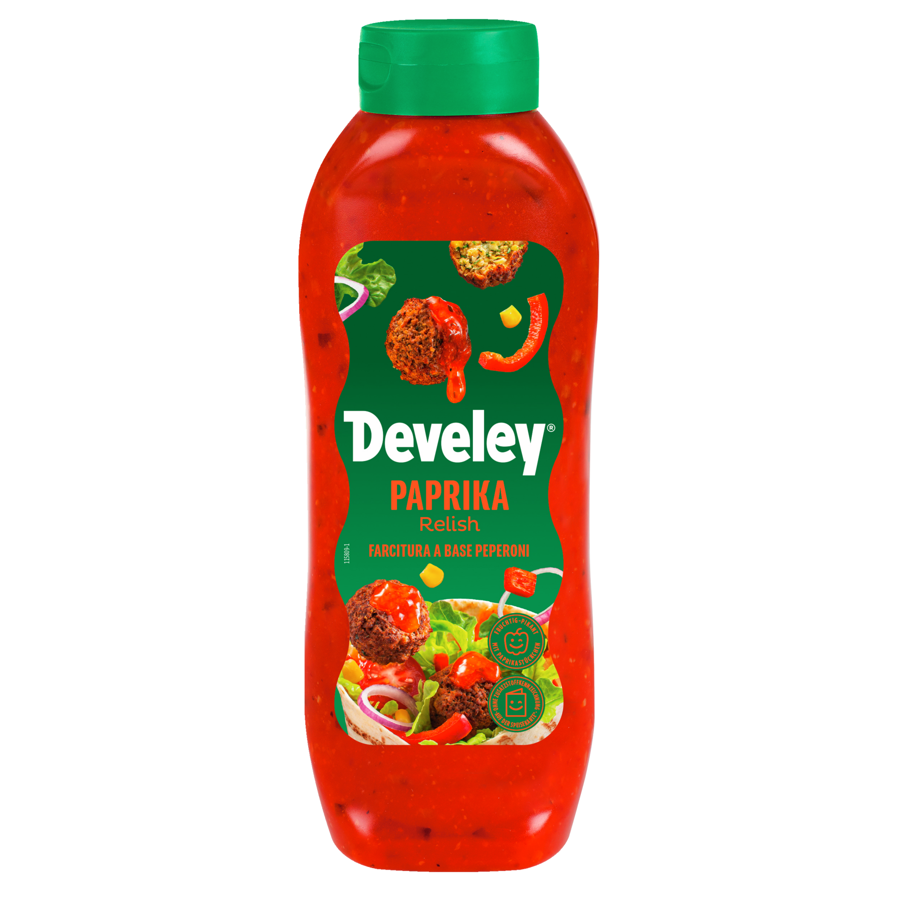 Develey Paprika Relish Kopfstandflasche in der 875 ml Flasche