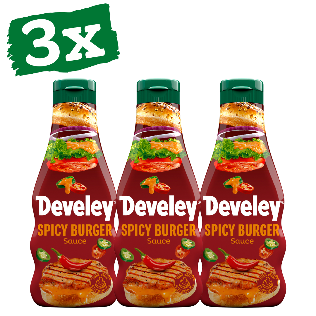 Die Spicy Burger Sauce von Develey ist scharf würzig und passt perfekt zu Burger, Grillgemüse und Steak, Squeeze, 250ml, Grillsauce, vegetarisch, im 3er-Set